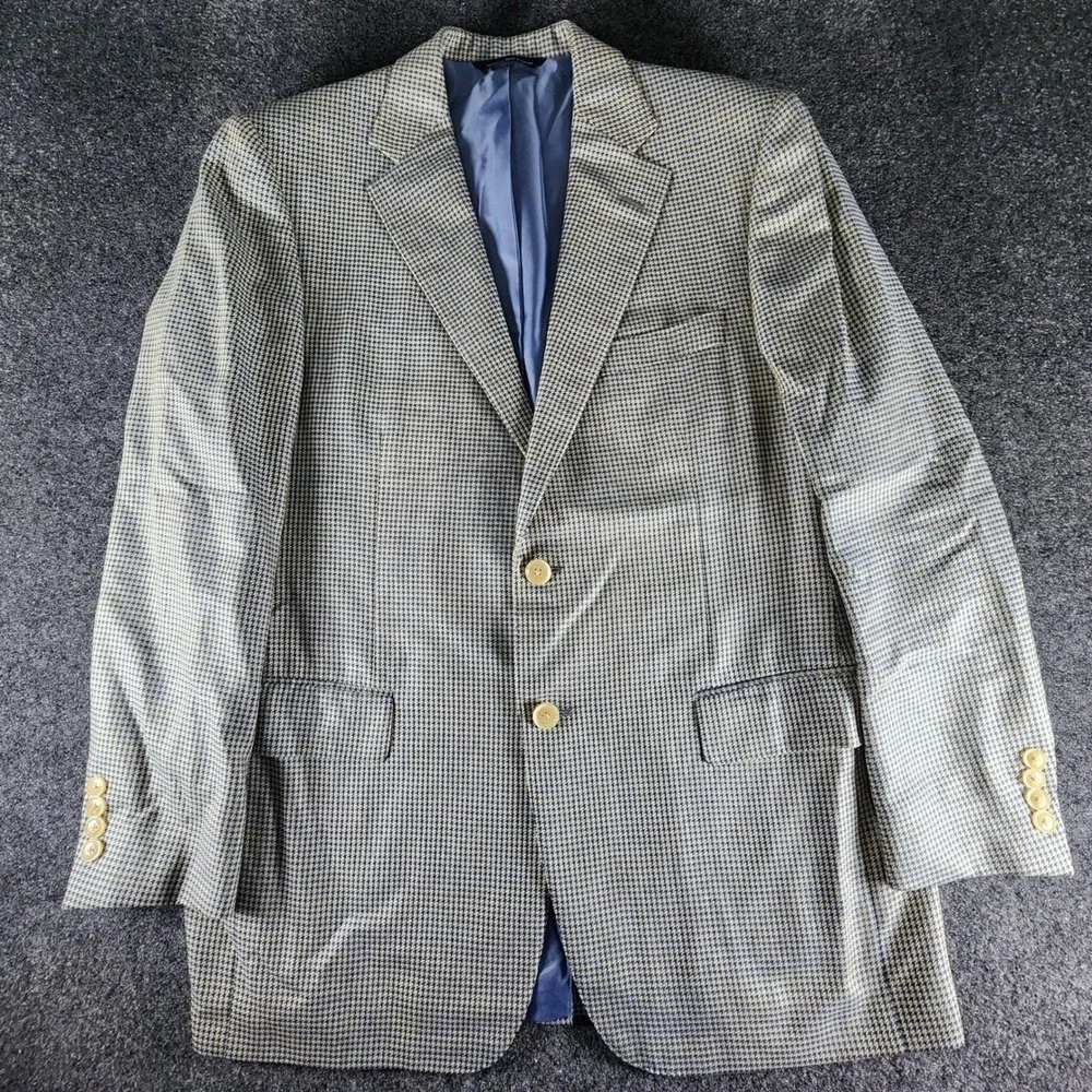 Samuelsohn‎ Mens 40R Silk Wool Houndstooth Sport Coat Blazer Blue & Tan EUC